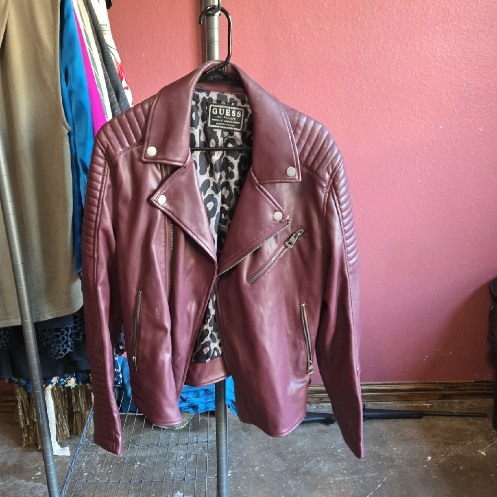 Guess Women's Leather Jacket in Burgundy